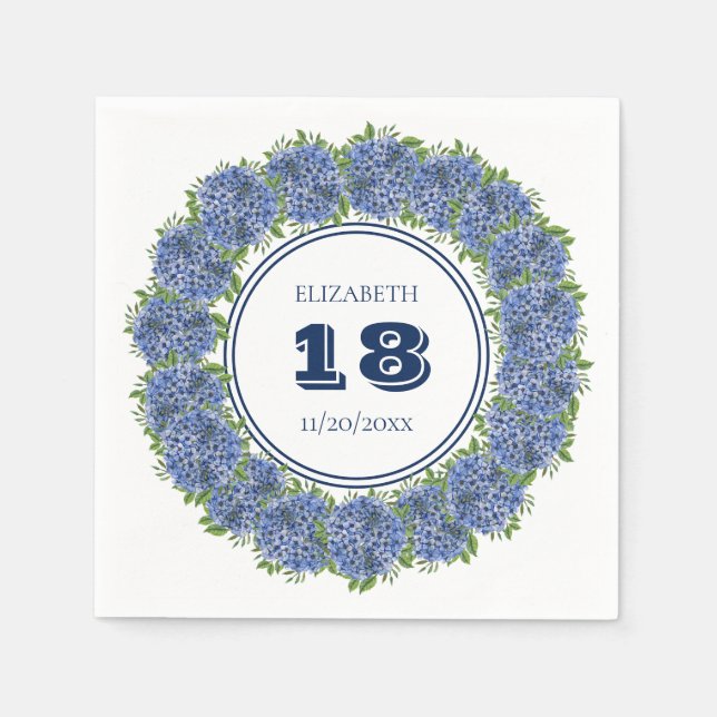 Elegant Floral Blue Hydrangea 18th Birthday Party Napkins (Front)