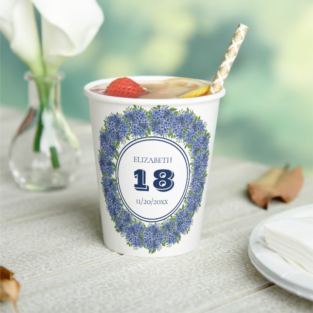 Elegant Floral Blue Hydrangea 18th Birthday Party Paper Cups (Insitu)