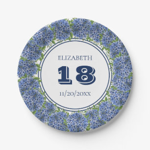 Elegant Floral Blue Hydrangea 18th Birthday Party Paper Plates