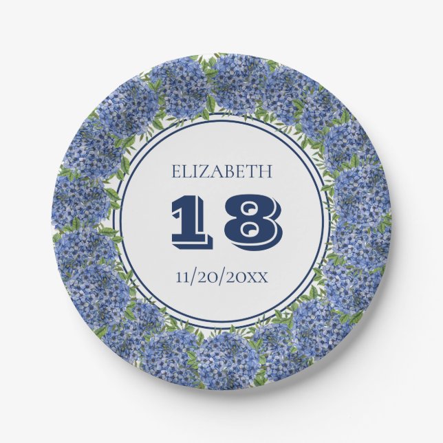 Elegant Floral Blue Hydrangea 18th Birthday Party Paper Plates (Front)