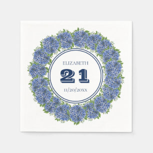 Elegant Floral Blue Hydrangea 21st Birthday Party Napkins