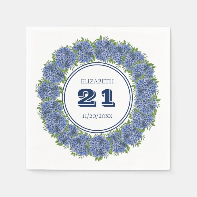 Elegant Floral Blue Hydrangea 21st Birthday Party Napkins (Front)