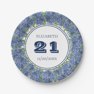Elegant Floral Blue Hydrangea 21st Birthday Party Paper Plates