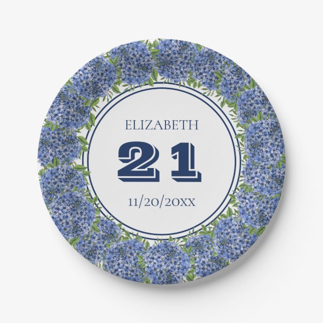 Elegant Floral Blue Hydrangea 21st Birthday Party Paper Plates (Front)