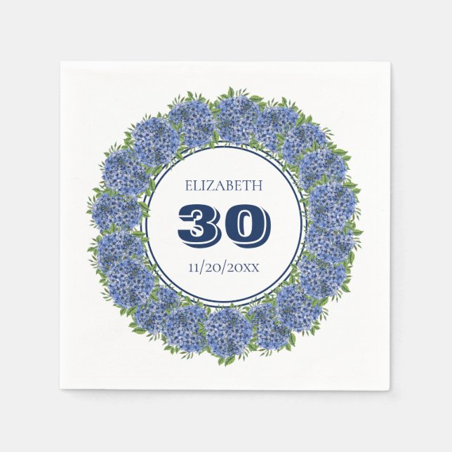 Elegant Floral Blue Hydrangea 30th Birthday Party Napkins (Front)