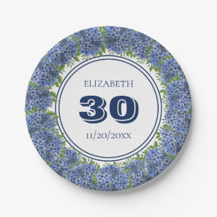 Elegant Floral Blue Hydrangea 30th Birthday Party Paper Plates