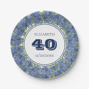Elegant Floral Blue Hydrangea 40th Birthday Party Paper Plates