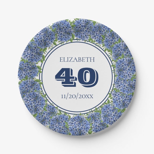 Elegant Floral Blue Hydrangea 40th Birthday Party Paper Plates (Front)