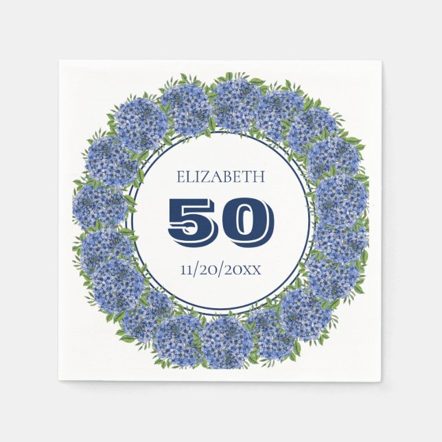 Elegant  Floral Blue Hydrangea 50th Birthday Party Napkins (Front)