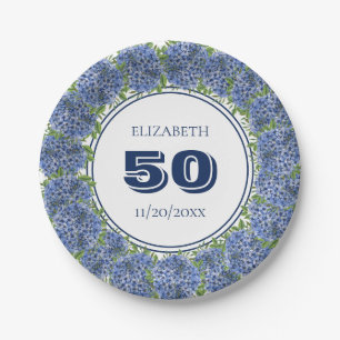 Elegant Floral Blue Hydrangea 50th Birthday Party Paper Plates