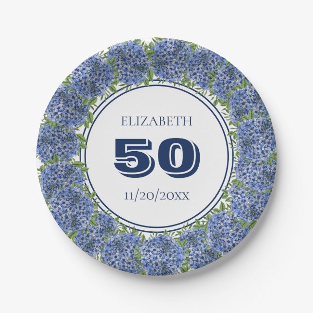 Elegant  Floral Blue Hydrangea 50th Birthday Party Paper Plates (Front)