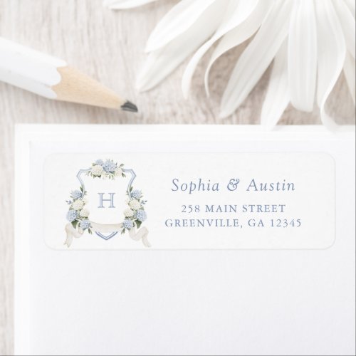 Elegant Floral Blue Hydrangea Crest Return Address Label