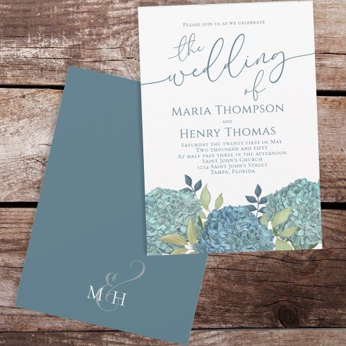 Elegant Floral Blue Hydrangea Foliage Calligraphy  Invitation