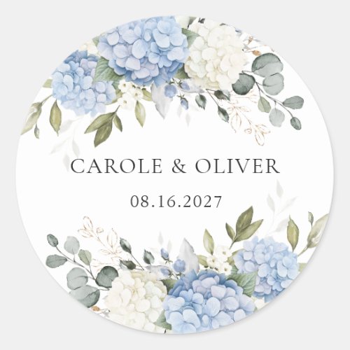 Elegant Floral Blue Hydrangea Greenery Wedding Classic Round Sticker