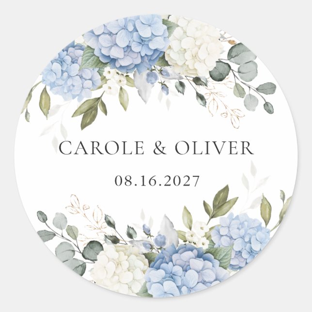 Elegant Floral Blue Hydrangea Greenery Wedding Classic Round Sticker (Front)