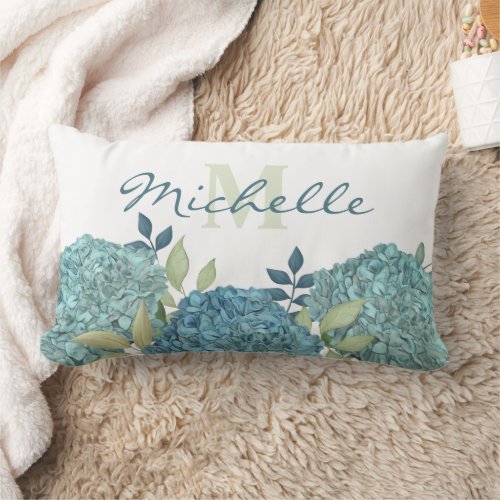 Elegant Floral Blue Hydrangea Monogram Garden Lumbar Pillow