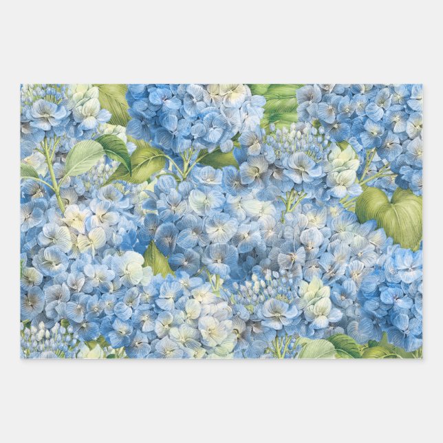 Elegant Floral Blue Hydrangea Pattern Wrapping Paper Sheets (Front)