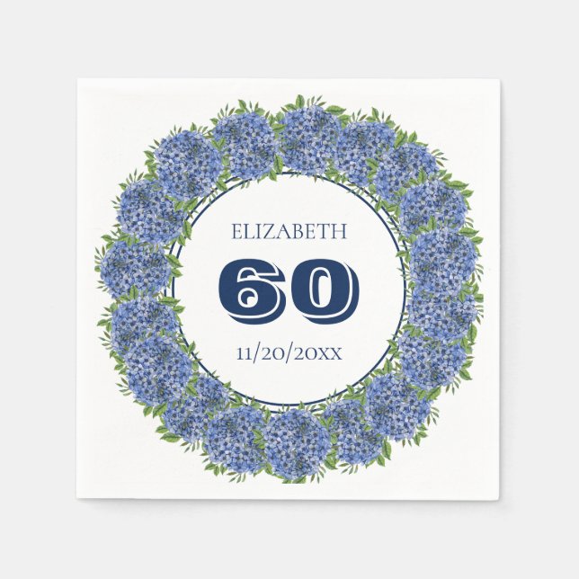 Elegant Floral Blue Hydrangeas 60th Birthday Party Napkins (Front)