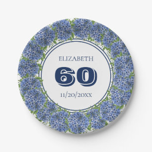 Elegant Floral Blue Hydrangeas 60th Birthday Party Paper Plates