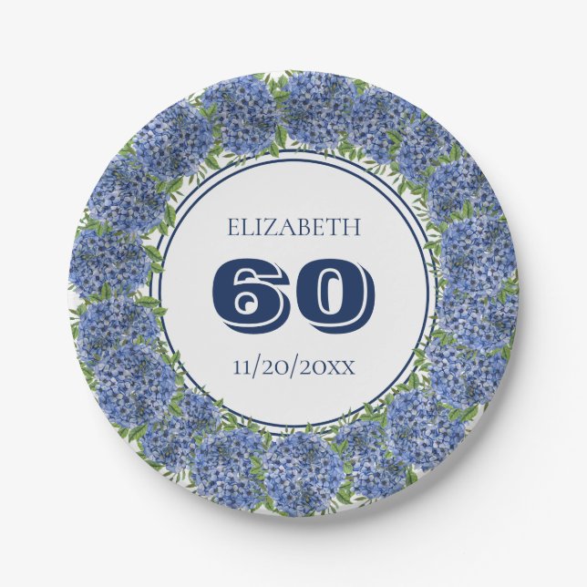 Elegant Floral Blue Hydrangeas 60th Birthday Party Paper Plates (Front)