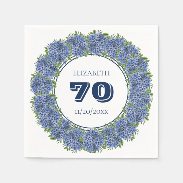 Elegant Floral Blue Hydrangeas 70th Birthday Party Napkins (Front)
