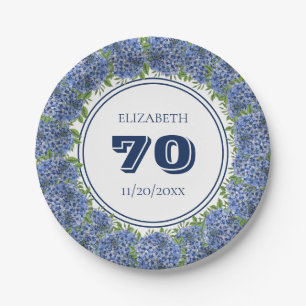 Elegant Floral Blue Hydrangeas 70th Birthday Party Paper Plates