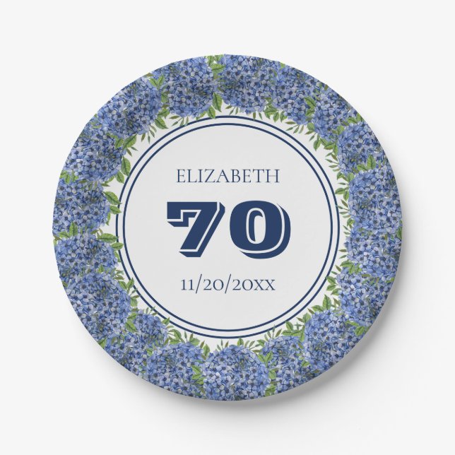 Elegant Floral Blue Hydrangeas 70th Birthday Party Paper Plates (Front)