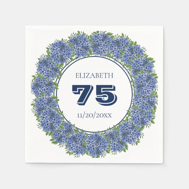 Elegant Floral Blue Hydrangeas 75th Birthday Party Napkins (Front)