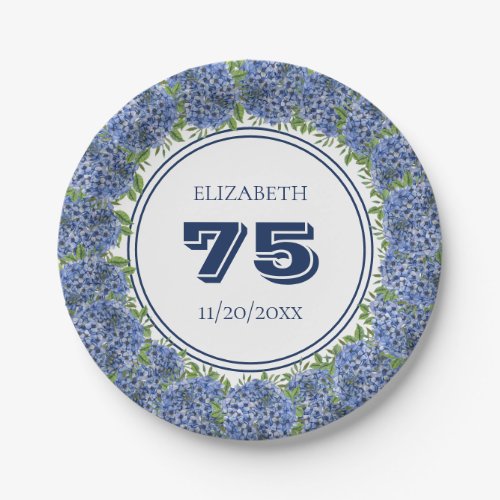 Elegant Floral Blue Hydrangeas 75th Birthday Party Paper Plates