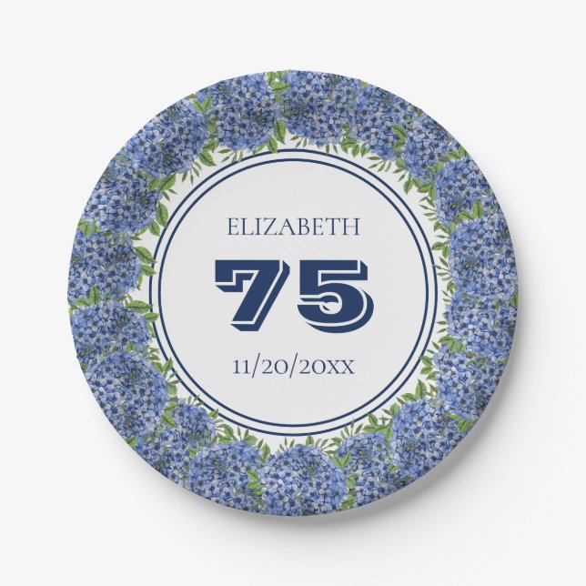 Elegant Floral Blue Hydrangeas 75th Birthday Party Paper Plates (Front)