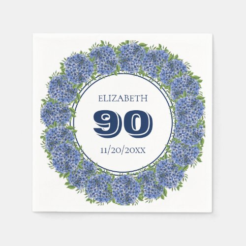 Elegant Floral Blue Hydrangeas 90th Birthday Party Napkins