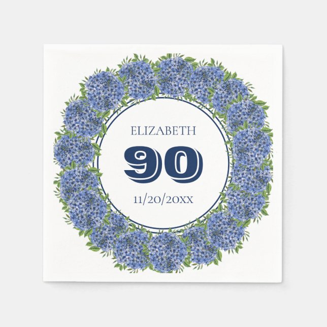 Elegant Floral Blue Hydrangeas 90th Birthday Party Napkins (Front)