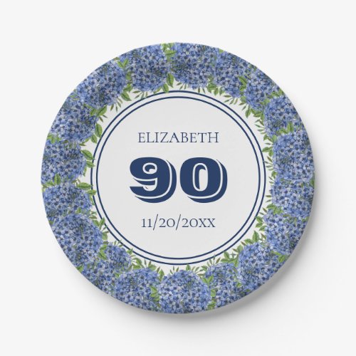 Elegant Floral Blue Hydrangeas 90th Birthday Party Paper Plates