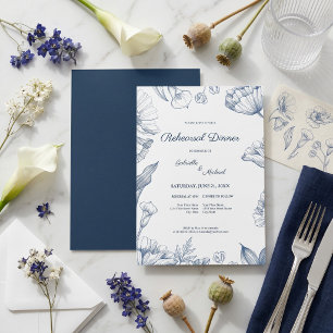 Elegant Floral Blue Lineart Rehearsal Dinner  Invitation