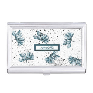 Elegant Floral Blue Monogram Business Card Case