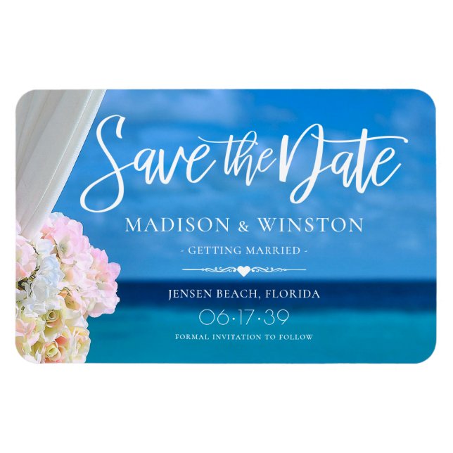 Elegant Floral Blue Ocean Beach Save the Date Magn Magnet (Horizontal)