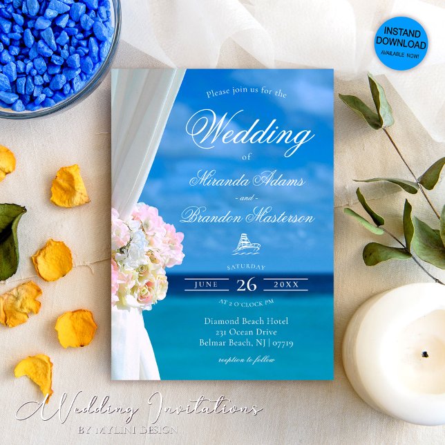 Elegant Floral Blue Ocean Beach Wedding Invitation (Creator Uploaded)