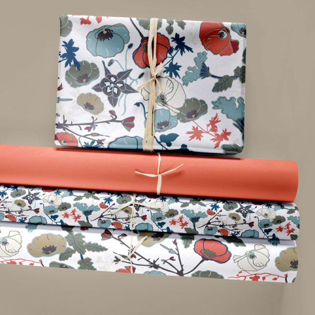 Elegant Floral Blue Orange Green Flowers Wrapping Paper Sheets (Elegant Floral Colorful Blue Orange Green trio Wrapping Paper Sheets from Studio Posies.)