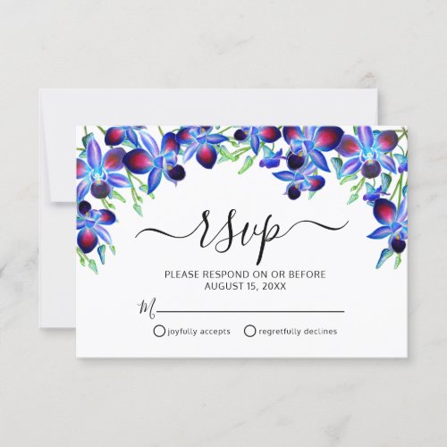 Elegant Floral Blue Orchids Script Wedding RSVP