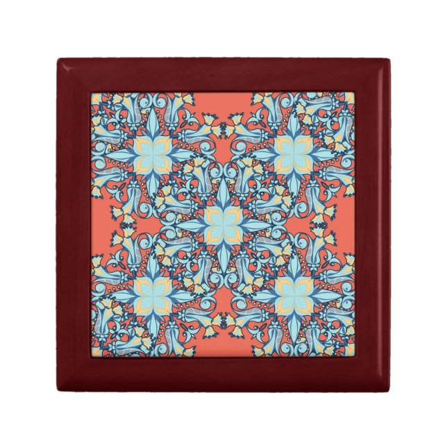 Elegant Floral Blue & Peach Wooden Jewelry Keepsak Gift Box (Front)