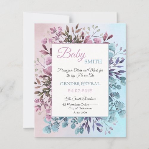 Elegant Floral Blue Pink gender reveal invitation