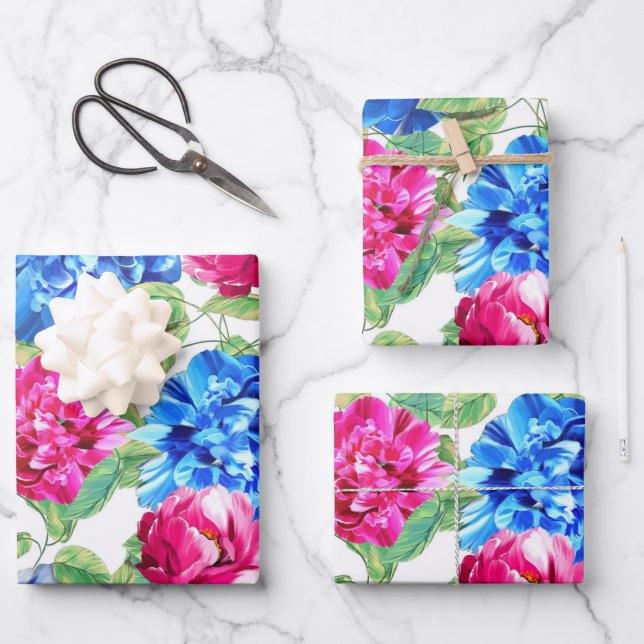 Elegant Floral Blue & Pink Hydrangea Pattern  Wrapping Paper Sheets (Front)