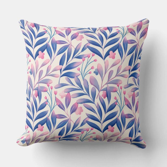 Elegant Floral Blue Pink Leaf Pattern Throw Pillow (Front)