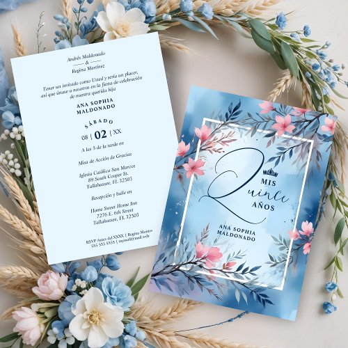 Elegant Floral Blue  Pink Romantic Frame XVs Invitation