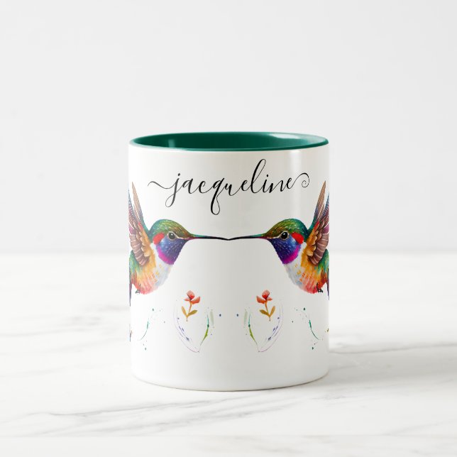 Elegant Floral Blue Purple Hummingbird Customized Two-Tone Coffee Mug (Center)