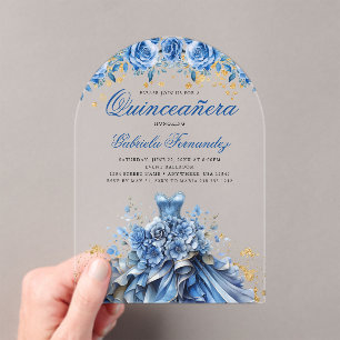 Elegant Floral Blue Quinceanera Acrylic Invitations