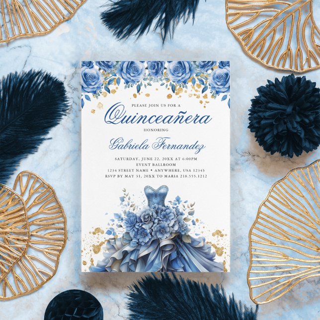 Elegant Floral Blue Quinceanera Invitation (Creator Uploaded)