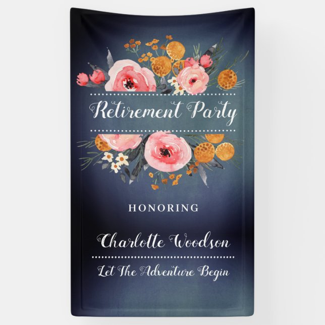 Elegant Floral Blue Retirement Party Banner (Vertical)