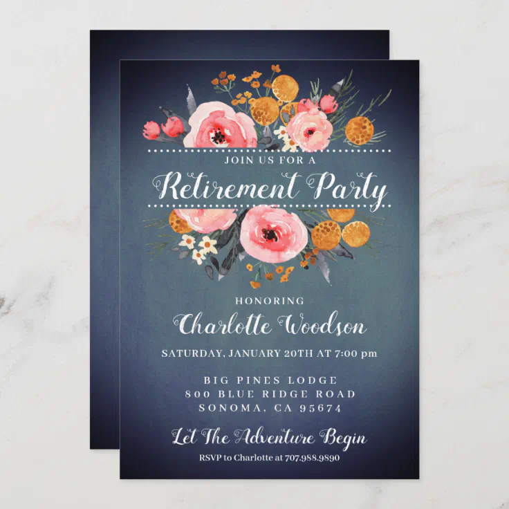 Elegant Floral Blue Retirement Party Invitation | Zazzle