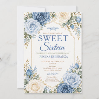Elegant Floral Blue Rose Sweet Sixteen Birthday Invitation